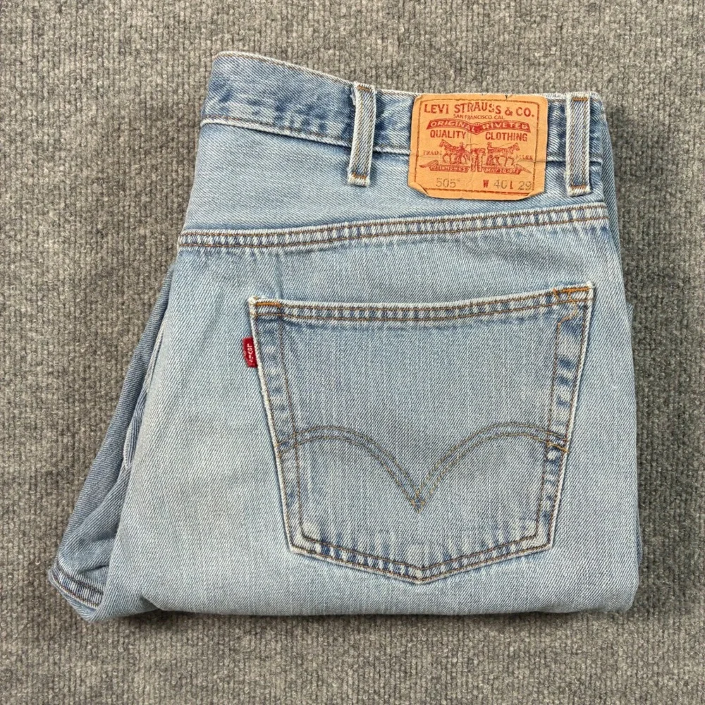 Levis 505 Regular Fit Jeans Mens 40x29 Light Wash Distressed Straight Leg Denim